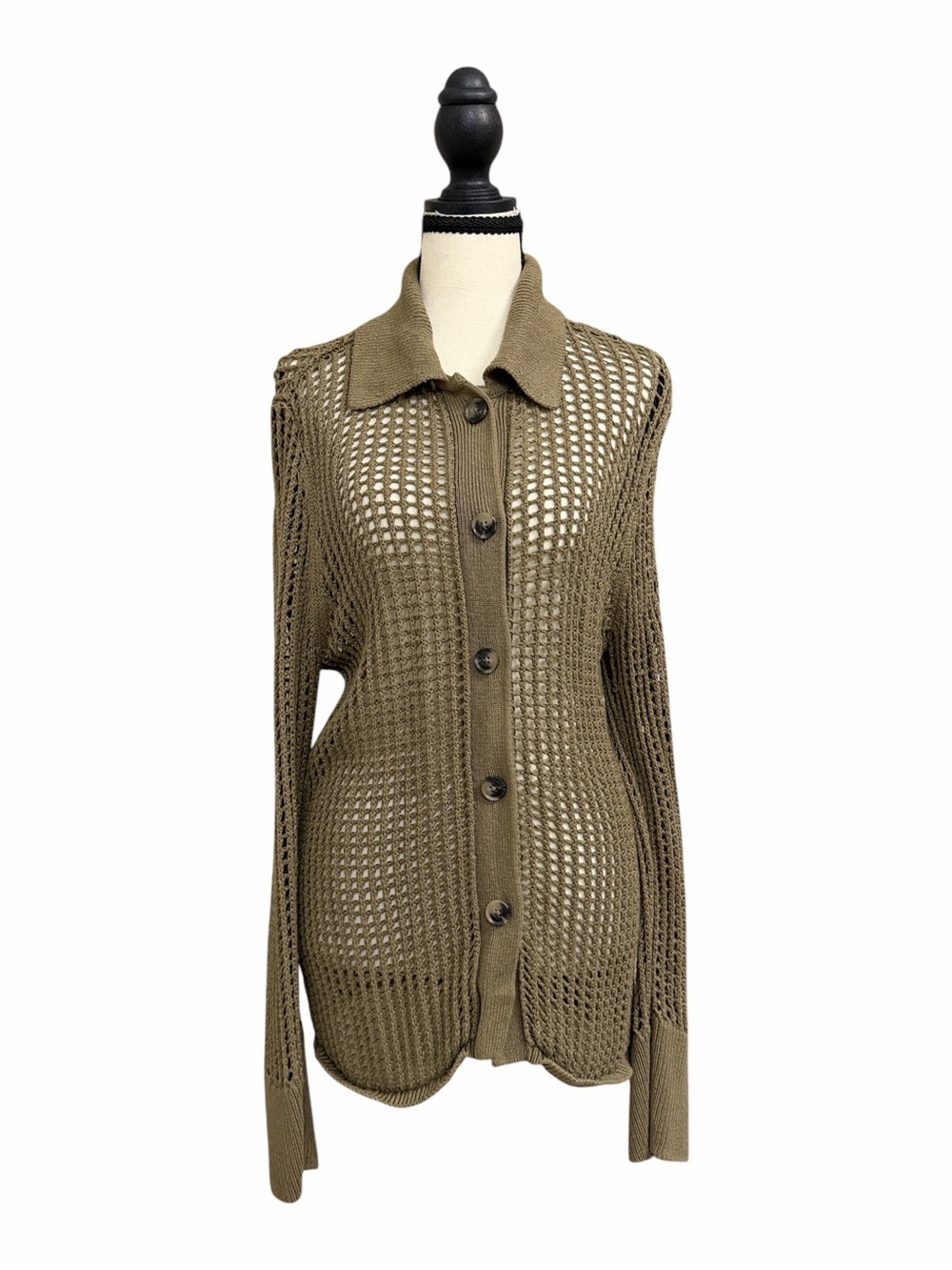 Anthropology DH New York Knit Open-Weave Button-Front Cardigan Sweater - Olive - Picture 3 of 5